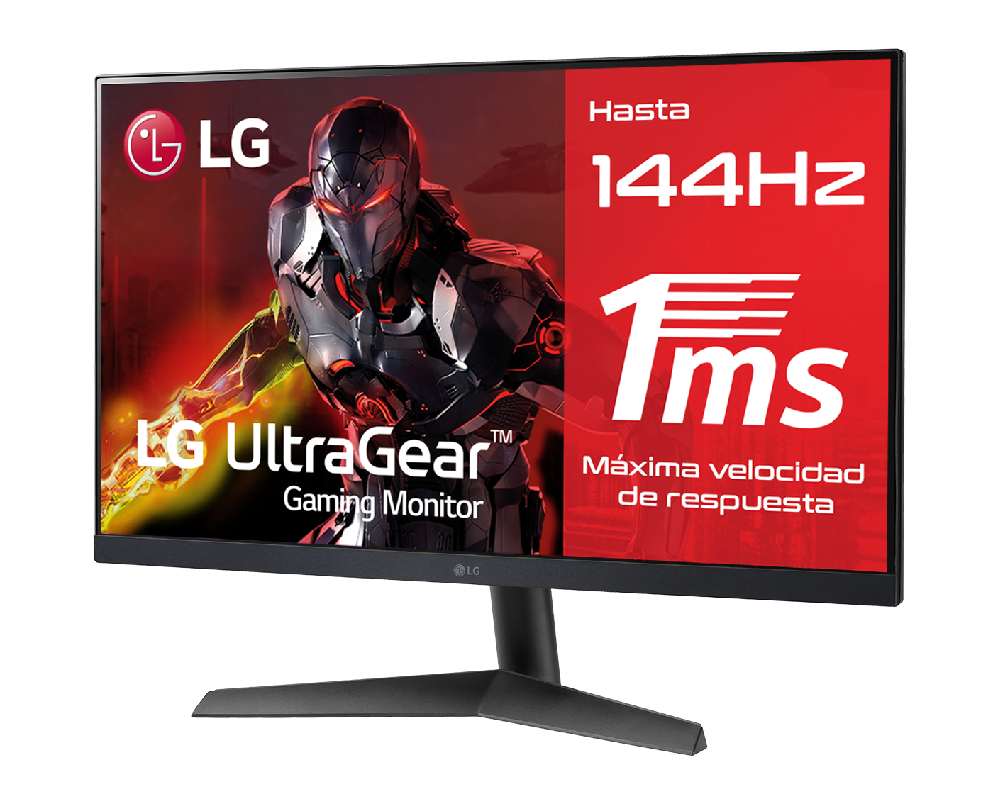 Un monitor para juegos muestra un gráfico de guerrero futurista con texto que destaca 144 Hz y 1 ms de tiempo de respuesta.