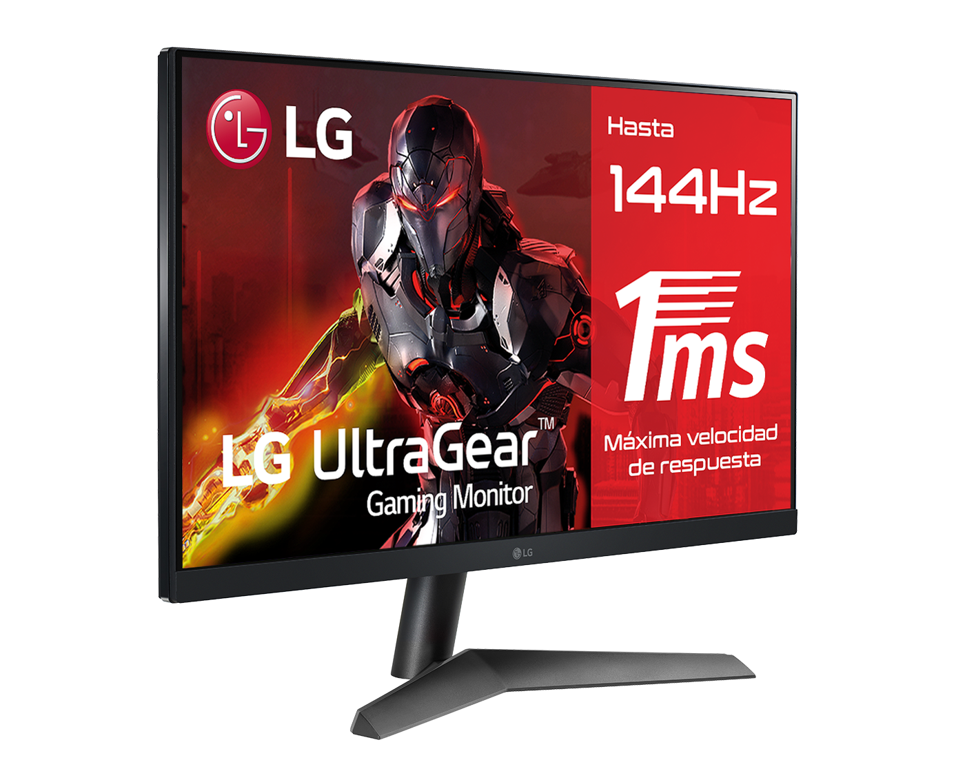Monitor gaming LG UltraGear, marco negro. Gráficos rojos y negros. Texto: 144Hz, 1ms.
