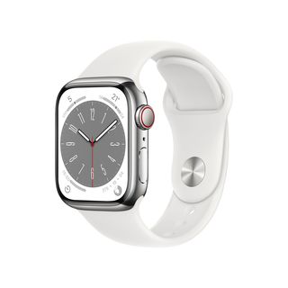 APPLE Watch Series 8 (GPS + Cellular) 41 mm Smartwatch Edelstahl Fluorelastomer, 130 - 200 mm, Armband: Weiß, Gehäuse: Silber