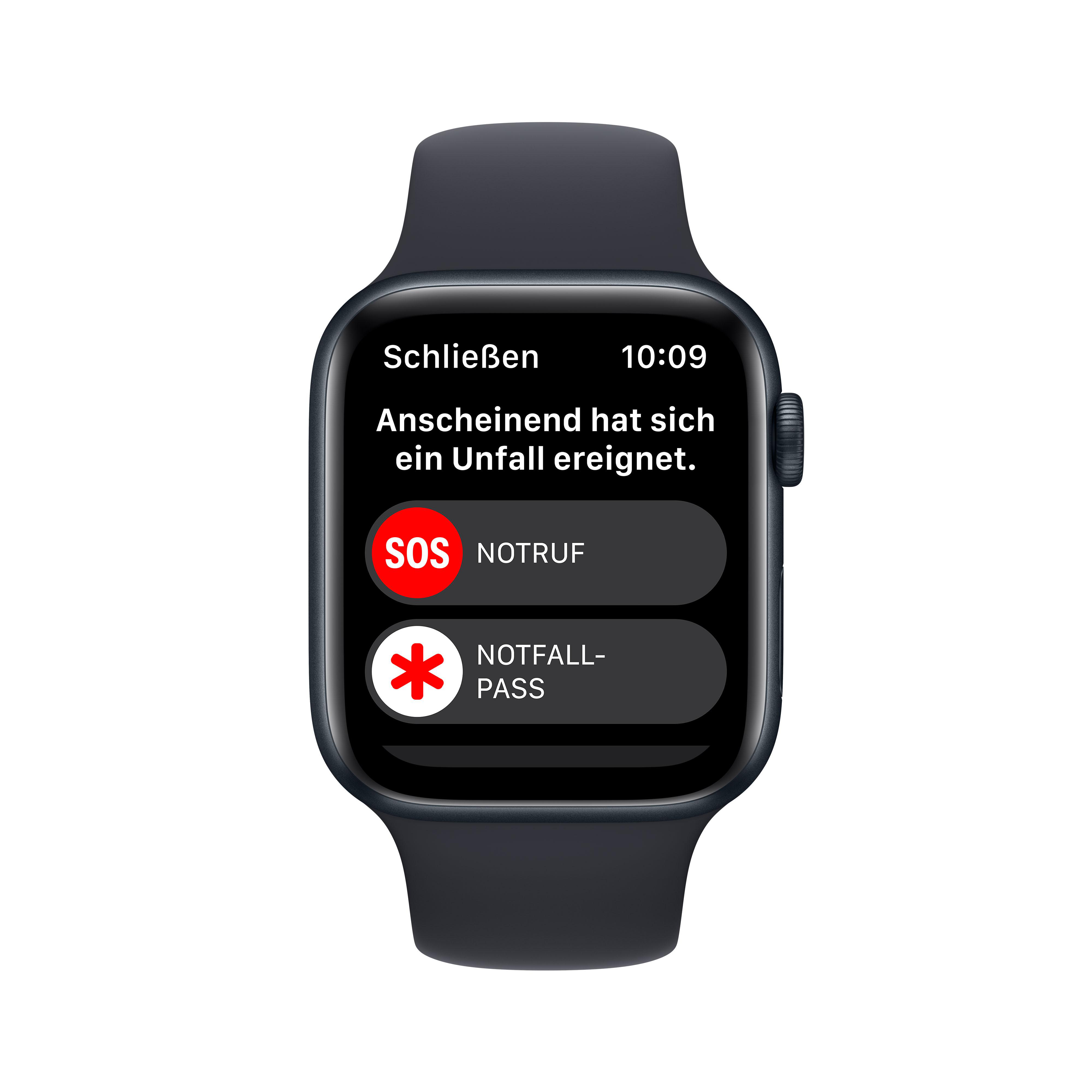 Apple Watch mit roter SOS-Taste und weißem Notfallpass-Symbol.