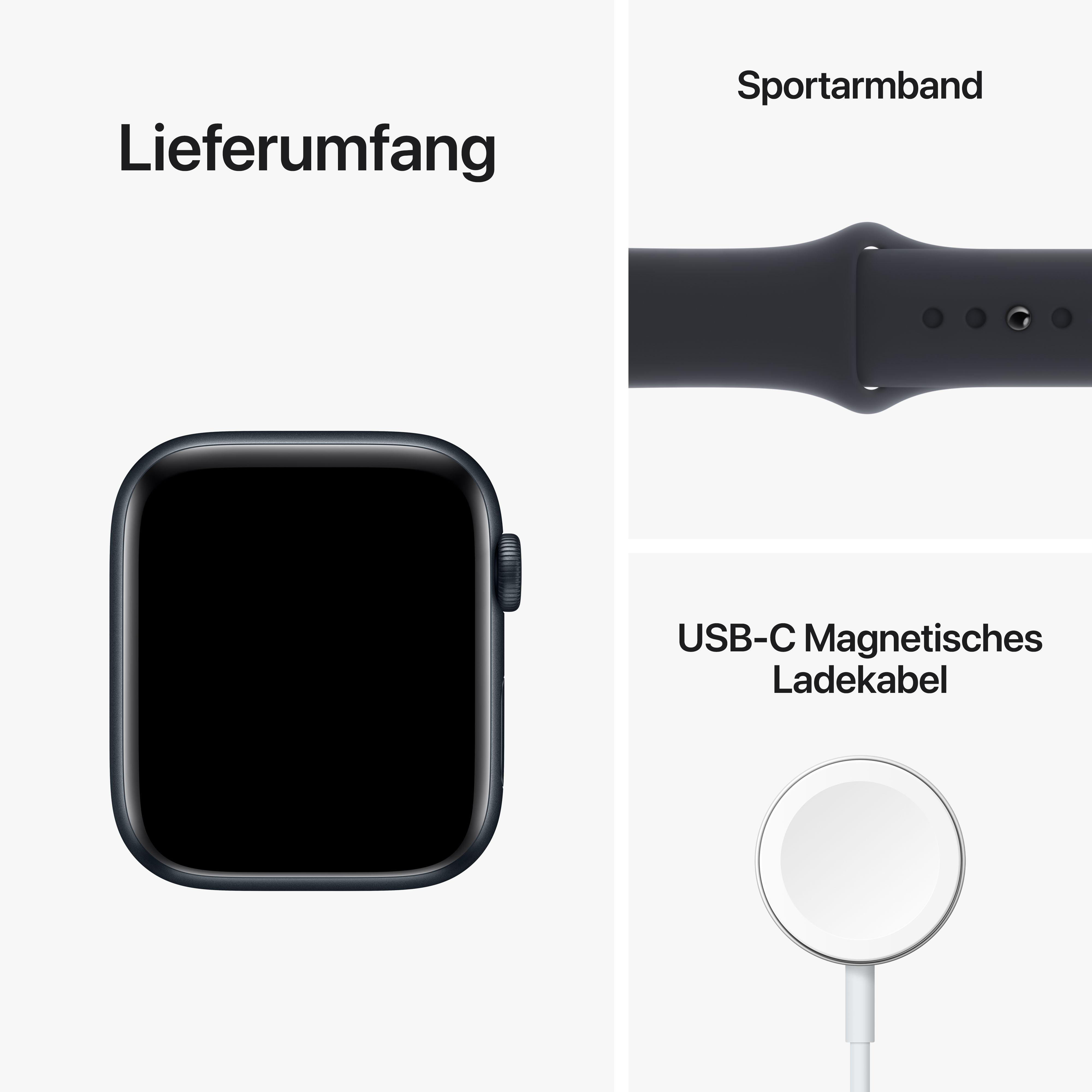 Uhr mit Band und Ladegerät. Schwarzes Zifferblatt, graues Band, weißes Ladegerät.