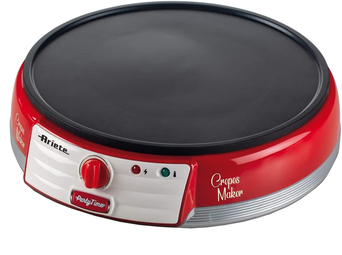 Crepera - Ariete Party Time, 1000 W, Antiadherente, Placa de 33 cm, Termostato regulable, Rojo