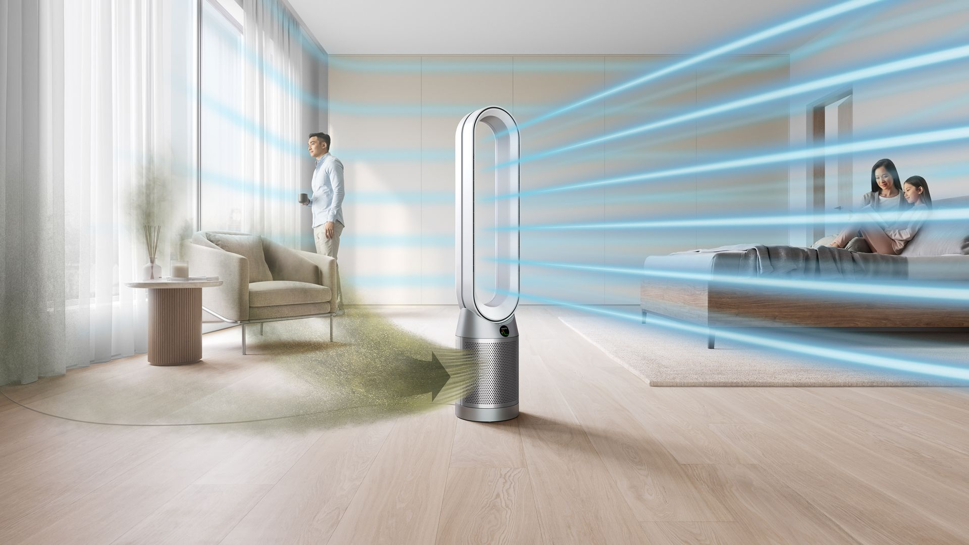 Odada Dyson vantilatör, adam pencereden bakıyor, kadın ve çocuk yatakta.