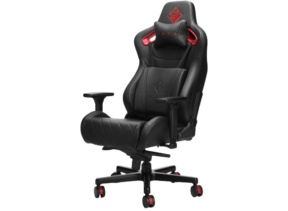 Schwarzer OMEN Gaming-Stuhl, rote Akzente, Merkmale von der Seite sichtbar, auf schwarzem Hintergrund.