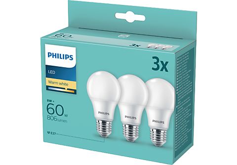 PHILIPS LED Lampe, Standardform, ersetzt 60W, E27, Warmweiß, 9 Watt, 806 Lumen, 3er Pack