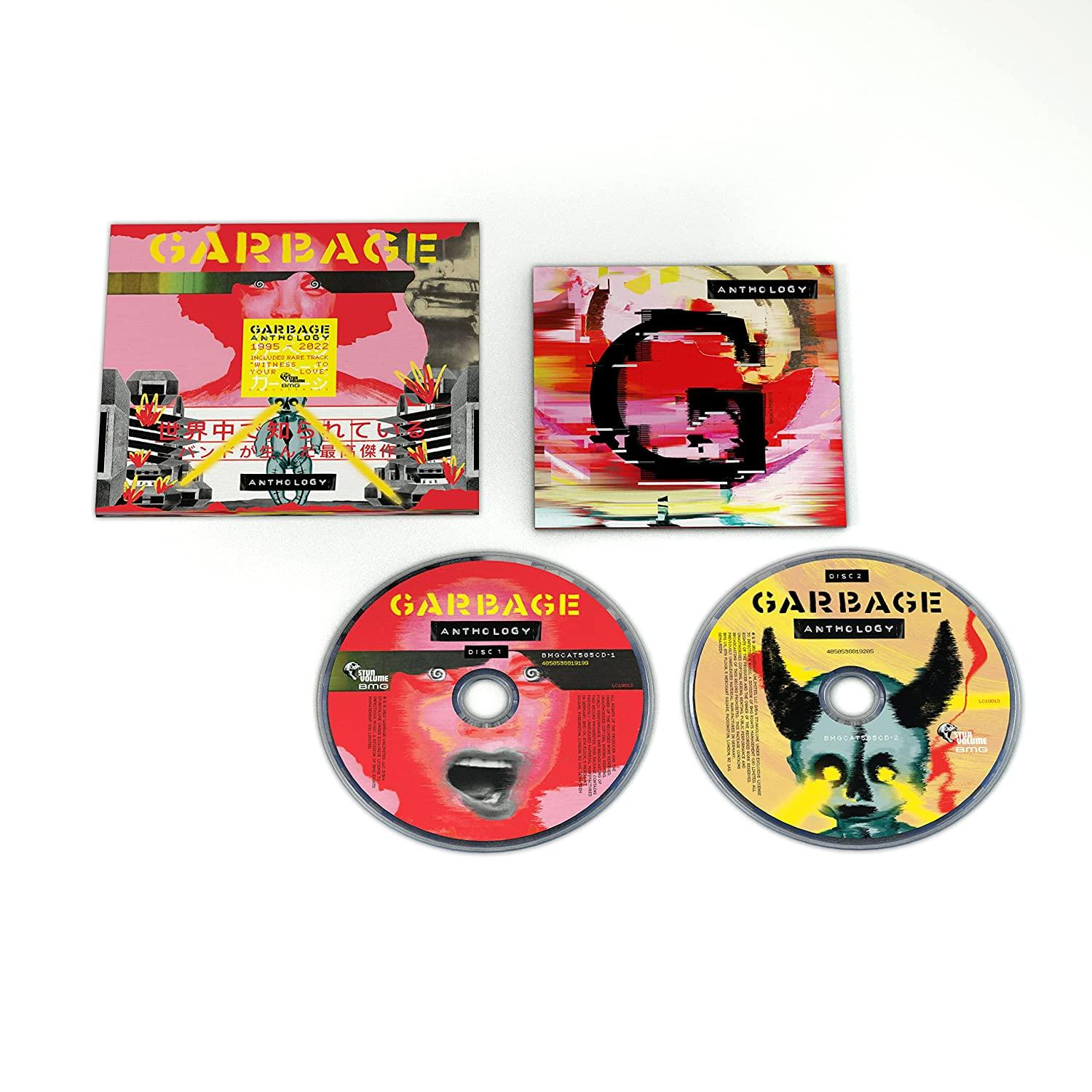 A Garbage együttes CD-i és album borítói, különböző dizájnokkal fehér alapon.