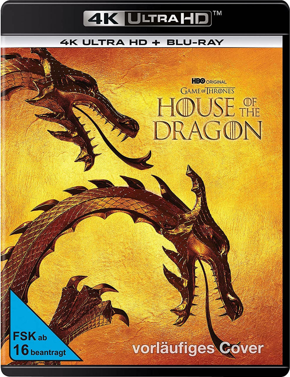 House of the Dragon Blu-ray-Cover. Golden mit Drachen und Titel. Schwarzer Rahmen.