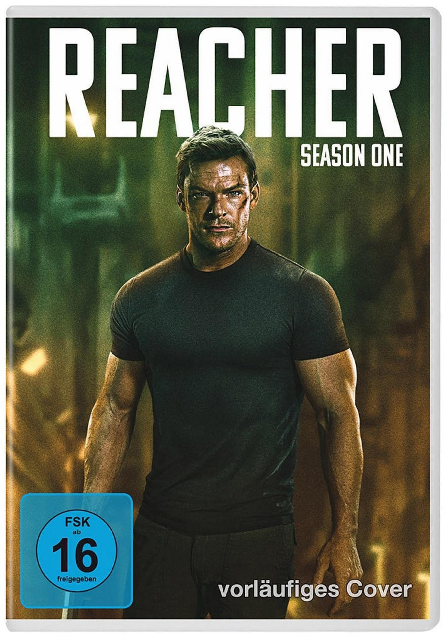 Reacher Staffel Eins DVD-Cover. Schauspieler mit ernstem Gesichtsausdruck. Titel und Logos sind sichtbar.