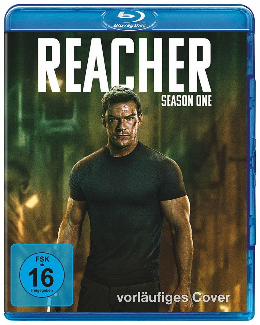 Blu-ray-Cover für Reacher: Staffel Eins. Mann in schwarzem Hemd. Titeltext ist weiß. Blaue Disc-Hülle.