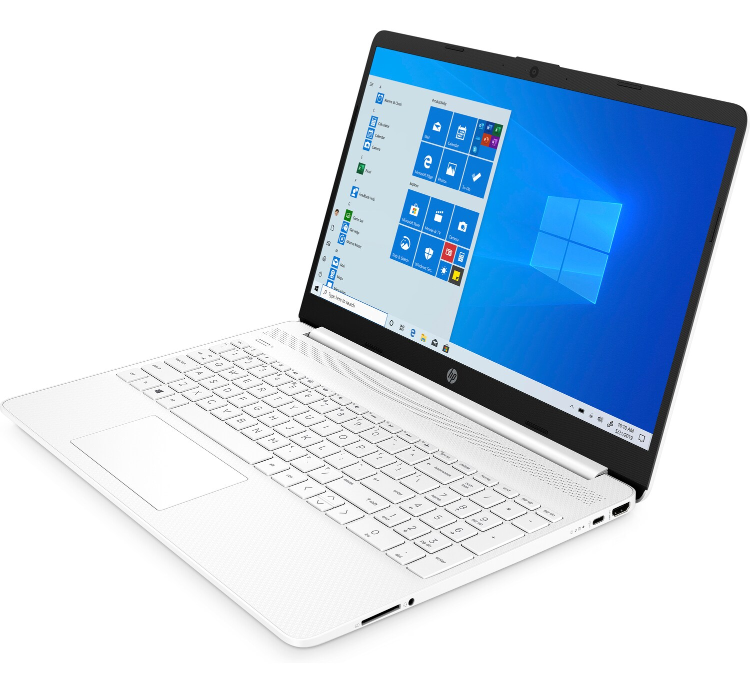 Portátil blanco, abierto, mostrando la pantalla de Windows con fondo blanco.