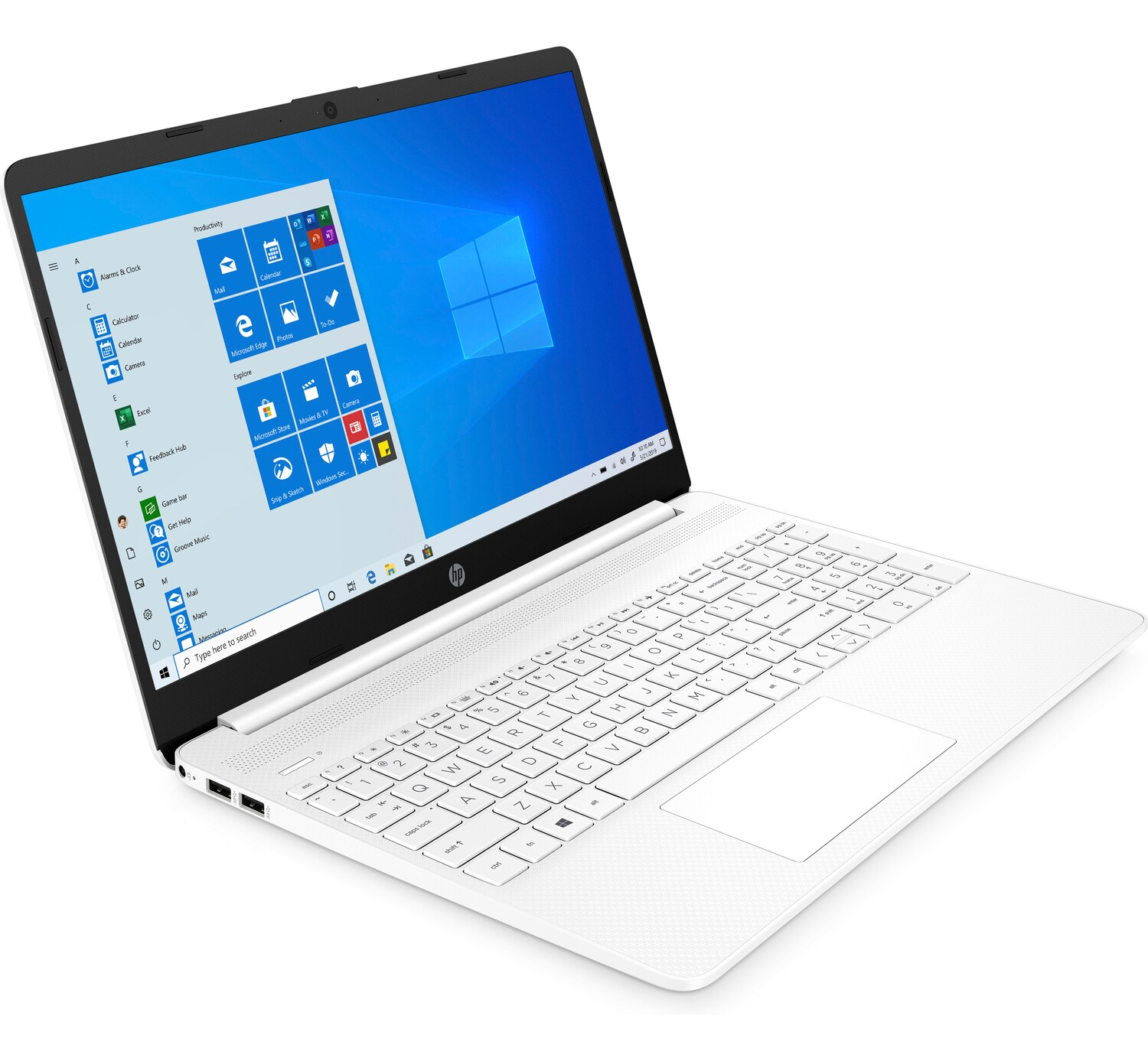 Portátil HP blanco, abierto, mostrando la pantalla de Windows. El teclado es visible. Fondo blanco.