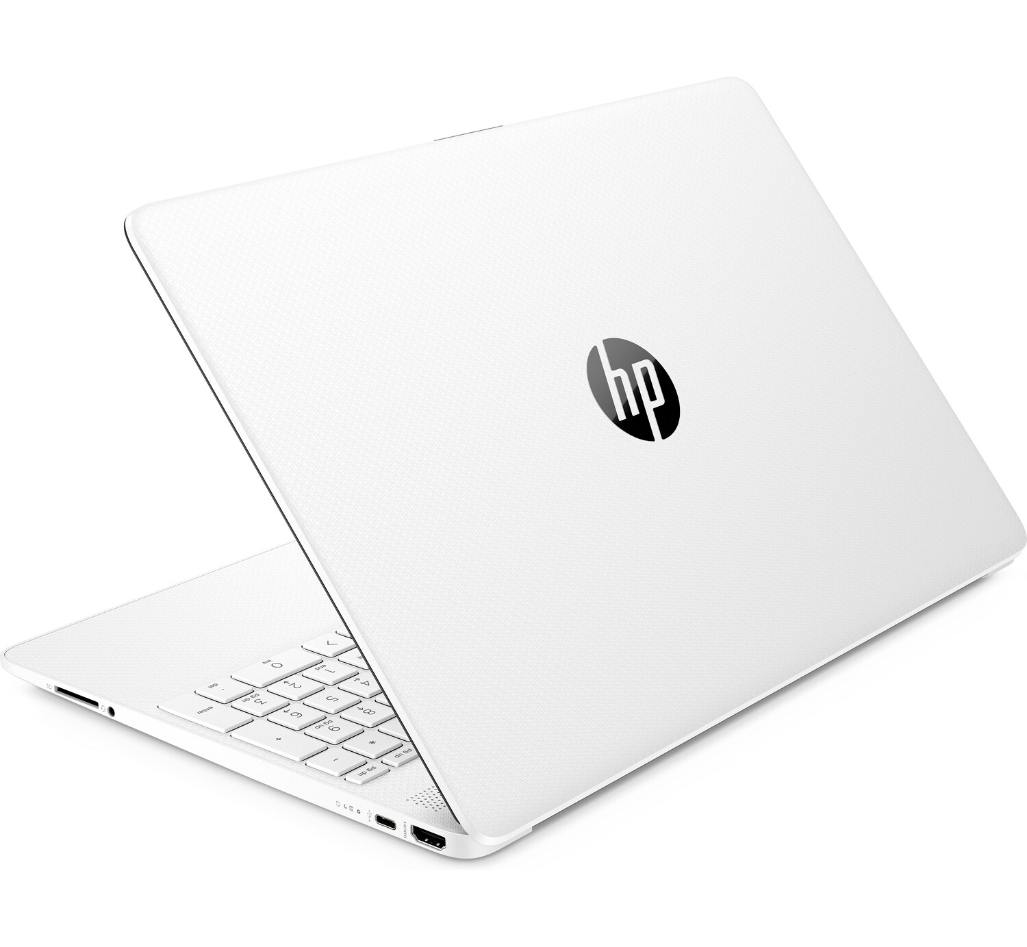 Ordenador portátil blanco con el logotipo HP visible en la tapa.