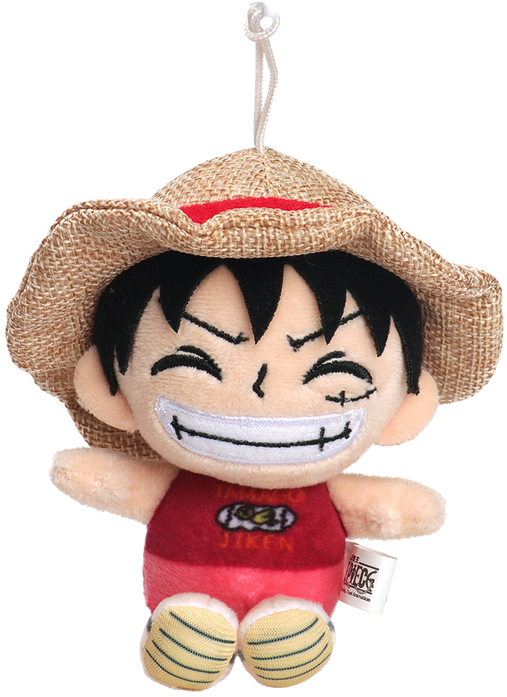 Ein Plüschtier von Luffy aus One Piece mit Strohhut. Er hat ein lächelndes Gesicht und auf seinem Hemd steht 'JIKEN'.