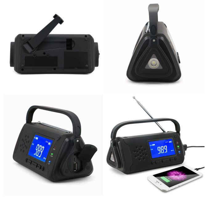 Vier Ansichten eines schwarzen Notfallradios mit Griff, Ladekabel und Display.