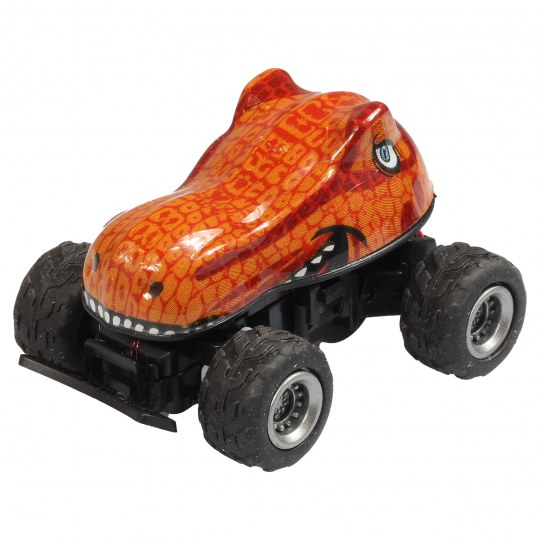Orangener Spielzeug-Dinosaurier-Truck mit schwarzen Rädern auf weißem Hintergrund.