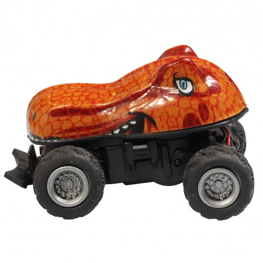 Spielzeugauto in Dinosaurierform, orange und rot, mit schwarzen Rädern und einem lächelnden Gesicht.
