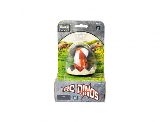 Spielzeug-T-Rex-Dinosaurier in Plastikverpackung, mit Dinosaurier-Szene.
