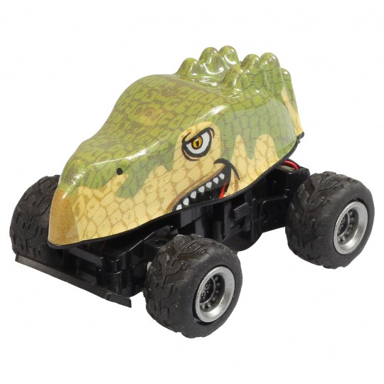 Spielzeug-Dinosaurier-Auto mit grünem Kopf und schwarzem Körper.