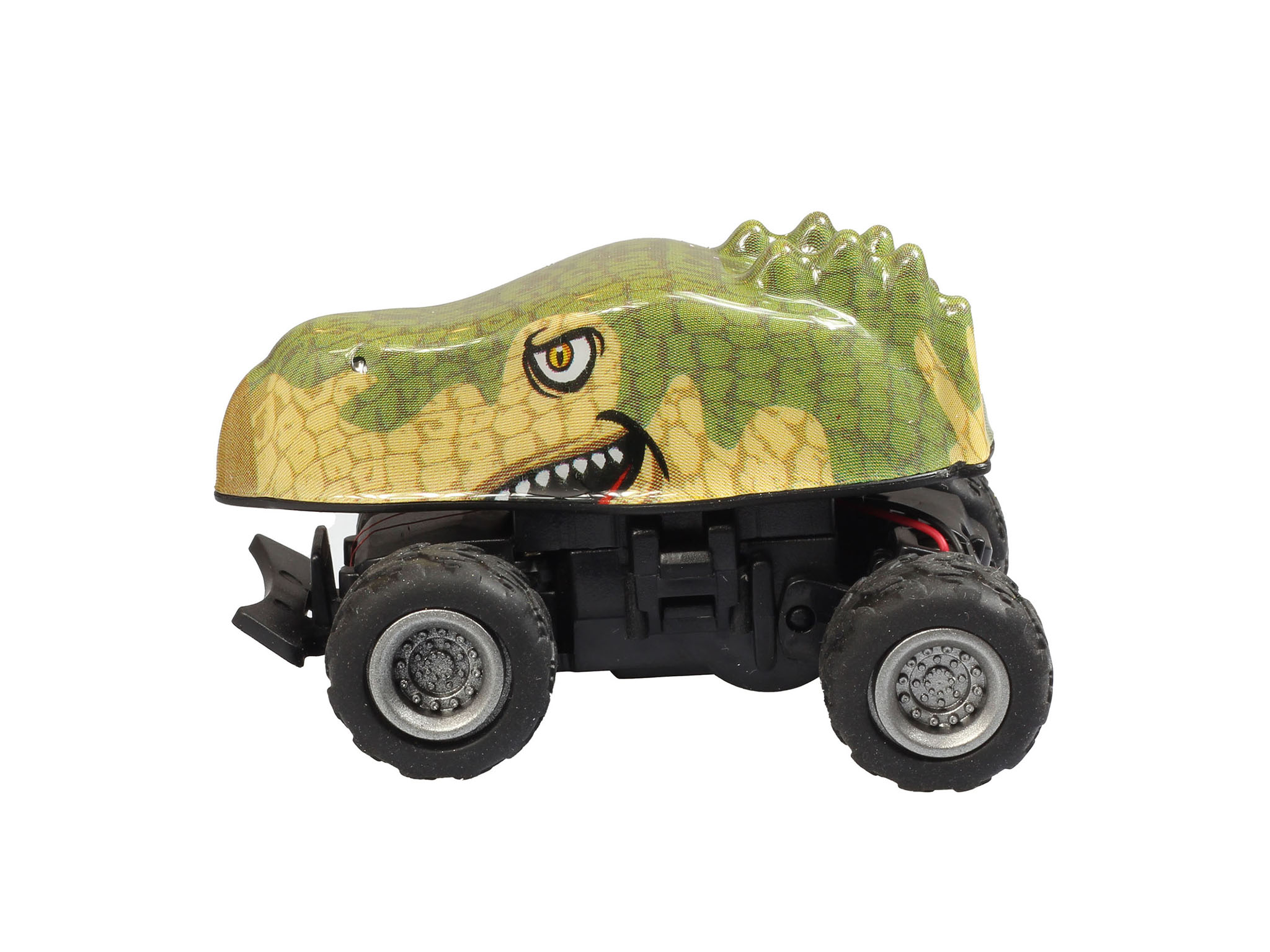 Ein grüner und hellbrauner Spielzeug-Dinosaurier-Monstertruck mit großen Reifen, isoliert auf weißem Hintergrund.