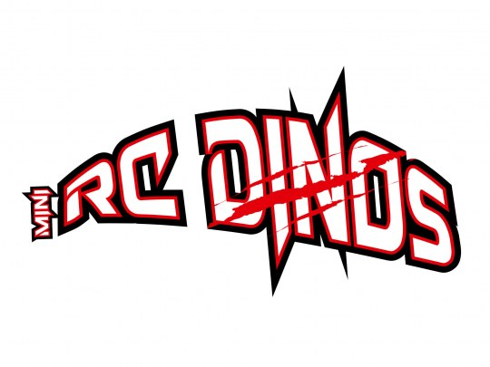 RC Dinos Logo in Rot und Weiß auf weißem Hintergrund. Der Text ist fett und hat einen Used-Look.