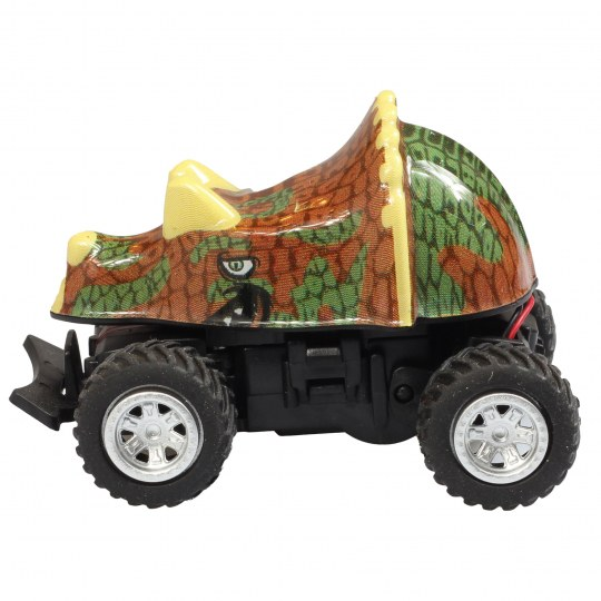 Ein Spielzeug-Dinosaurier-Truck mit Camo-Karosserie und schwarzen Rädern vor weißem Hintergrund.