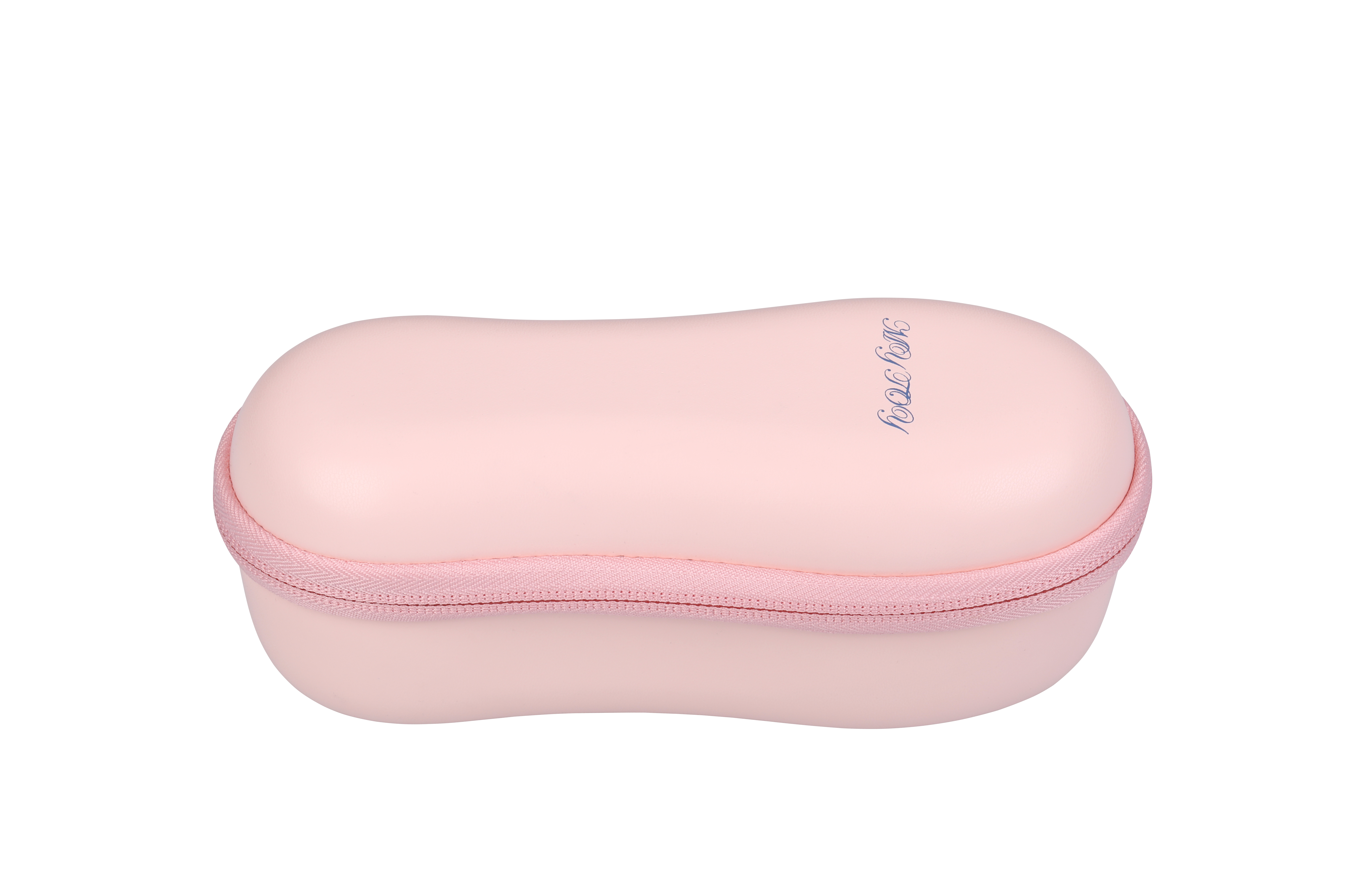 Estuche rosa para gafas con cremallera. La palabra 'feelink' está escrita en el estuche.