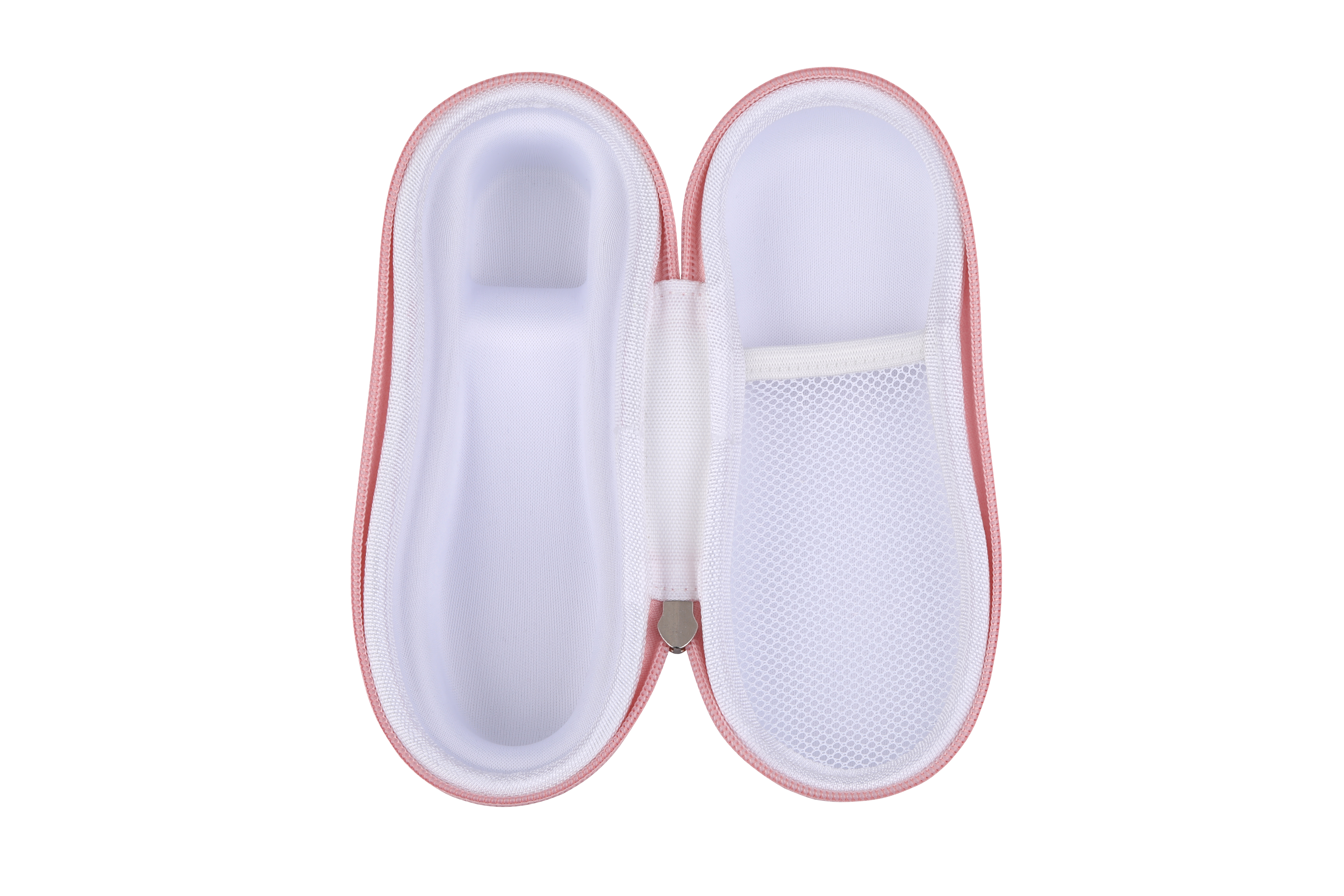 Funda rosa para biberón abierta, mostrando compartimentos.