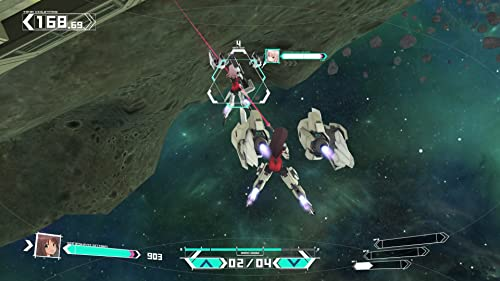 Escena de juego con dos robots y un personaje en el espacio.