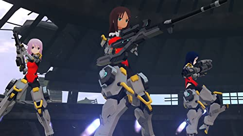 Tres chicas estilo anime con trajes robóticos sostienen armas. El fondo es una estructura gris.