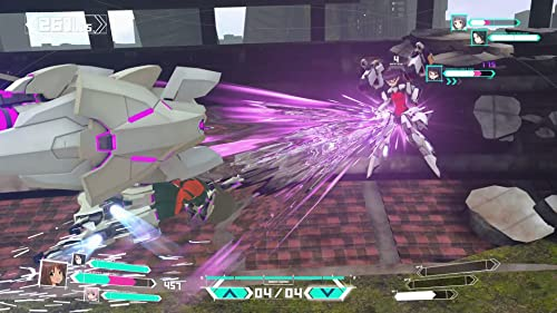 Dos robots en batalla, uno blanco y otro rojo. Se disparan rayos morados.