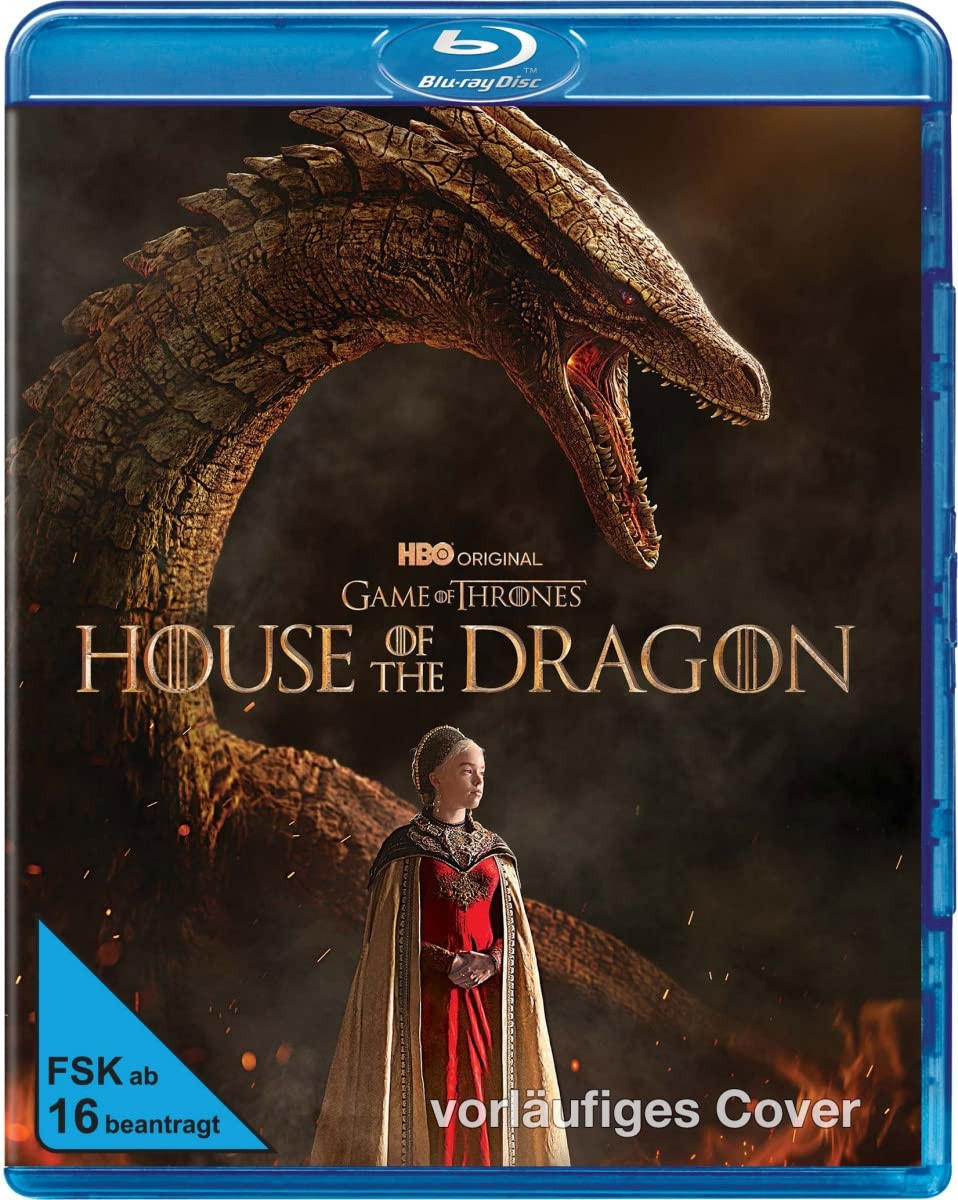 Blu-ray Cover für 'House of the Dragon'. Zeigt einen Drachen und eine Frau in rotem Kleid.