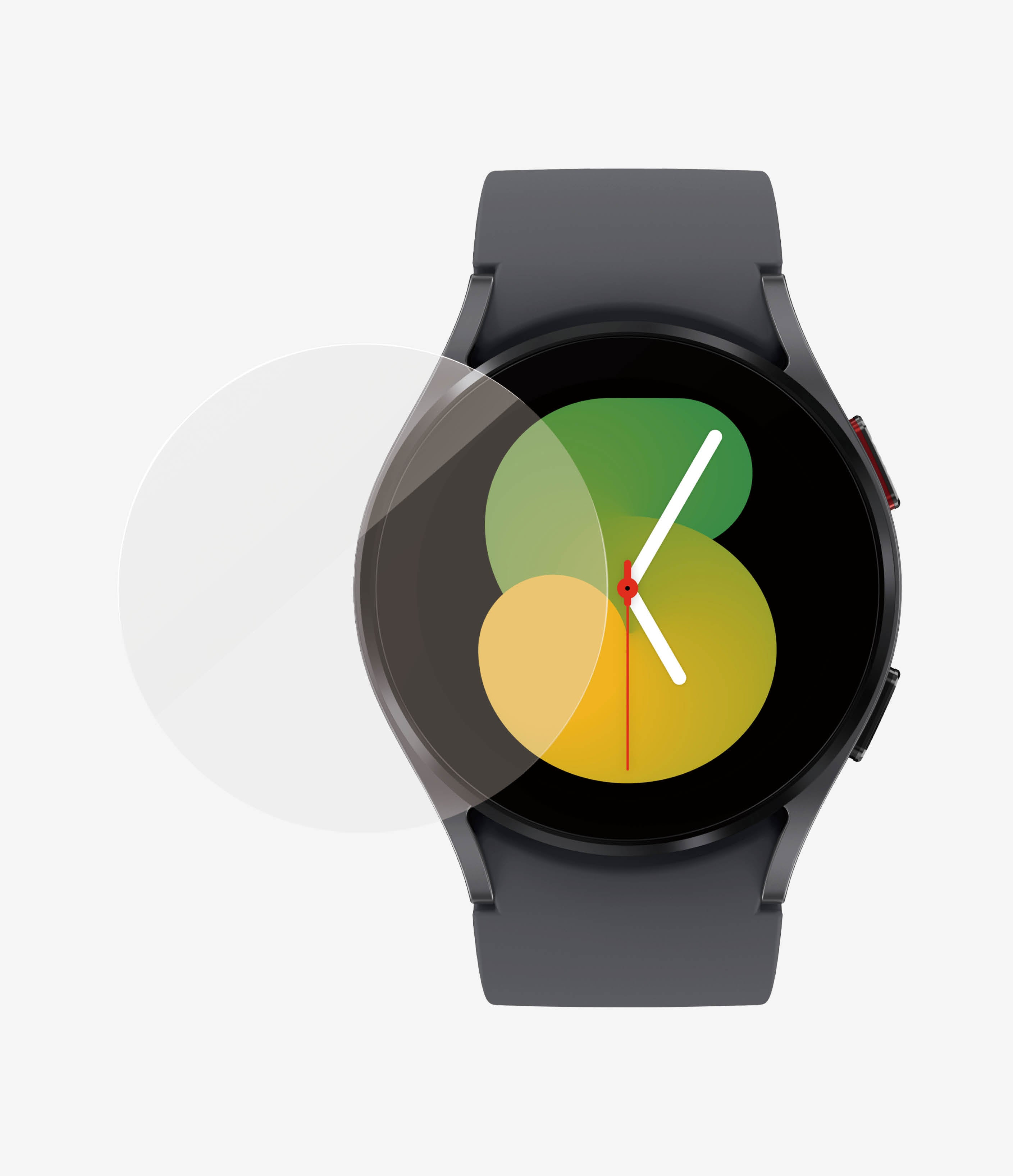 Une montre connectée grise avec un protecteur d'écran appliqué, sur fond blanc.