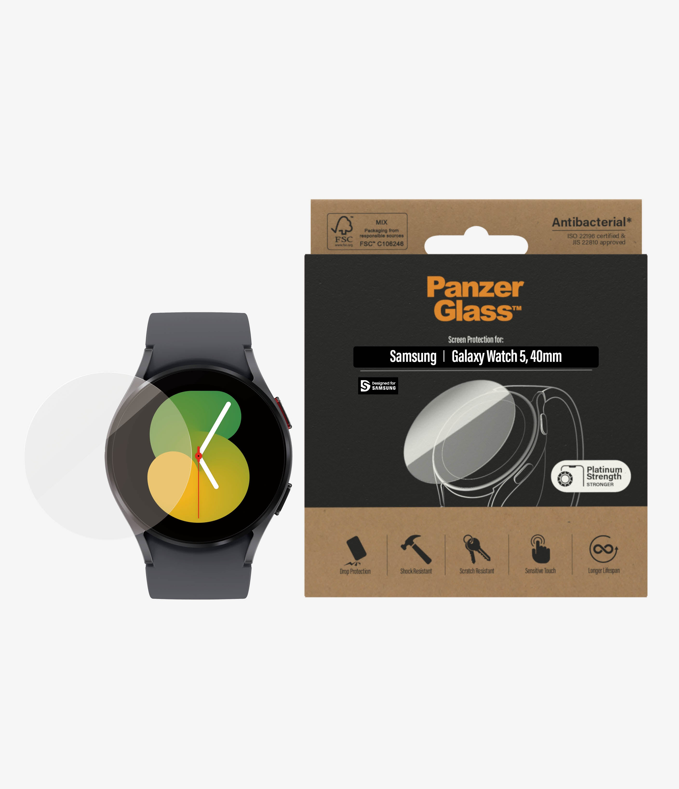 Boîte de protection d'écran et de montre connectée. Cadran avec lignes jaunes et vertes.