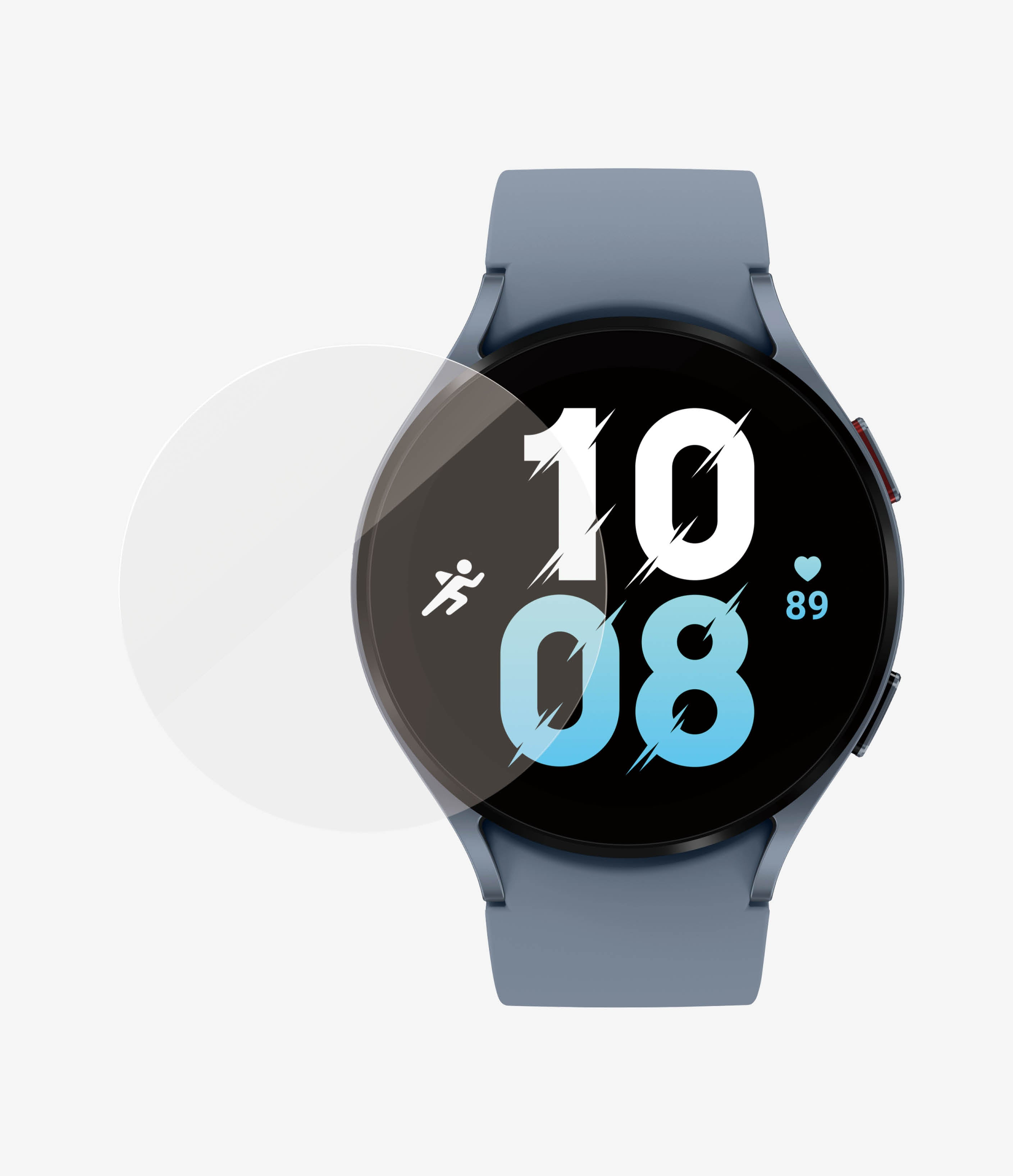 Samsung Galaxy Watch, affichant l'heure, avec un protecteur d'écran appliqué.