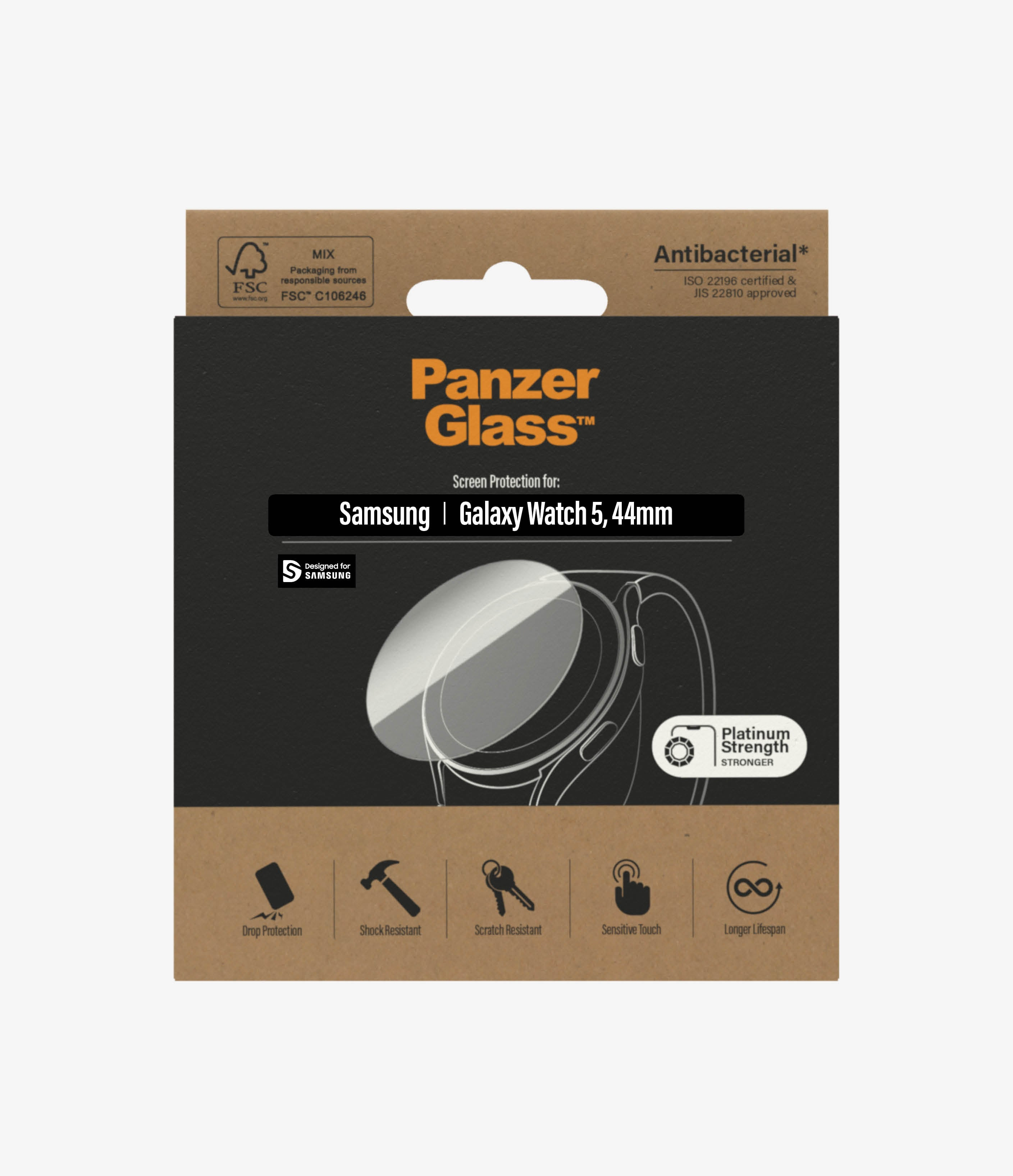 Une boîte de protection d'écran PanzerGlass pour Samsung Galaxy Watch 5, 44mm, avec caractéristiques.