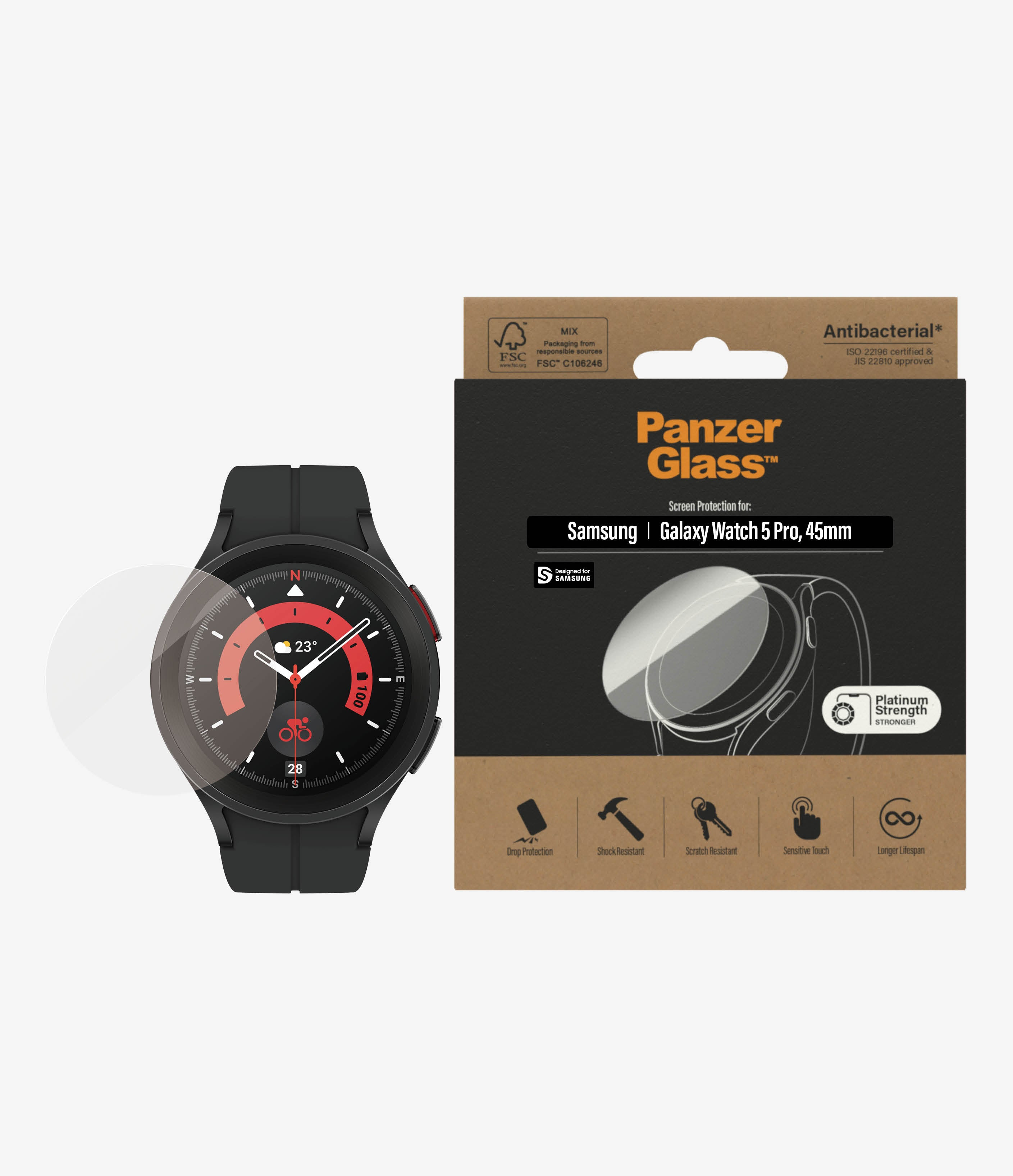 Une smartwatch et une boîte de protection d'écran, avec des accessoires et un cadran de montre visibles.