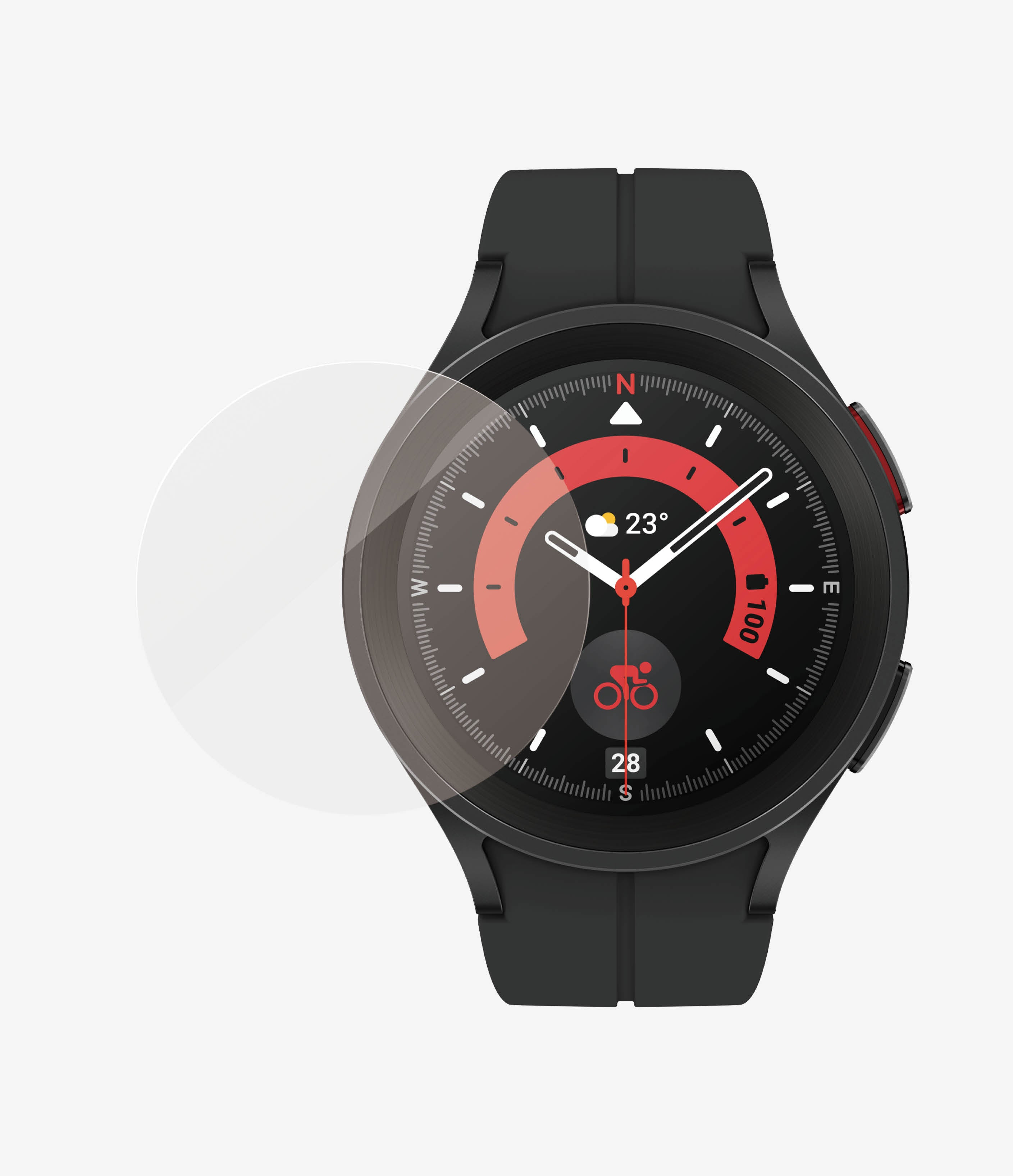 Montre connectée noire avec protecteur d'écran. L'écran affiche l'heure et une icône de cyclisme.