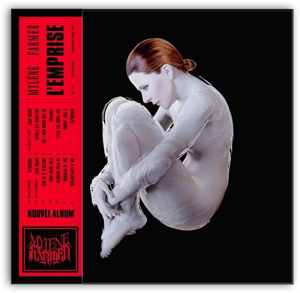 Pochette d'album. Une femme en blanc, recroquevillée. Texte : Mylène Farmer.