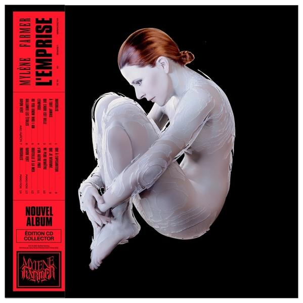 Femme en peinture corporelle blanche, pochette d'album avec texte, fond noir.