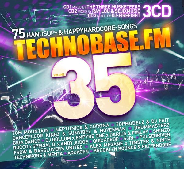 Technobase.FM 35 Albumcover. Fett, farbenfrohes Design mit großem '35' und Künstlernamen.