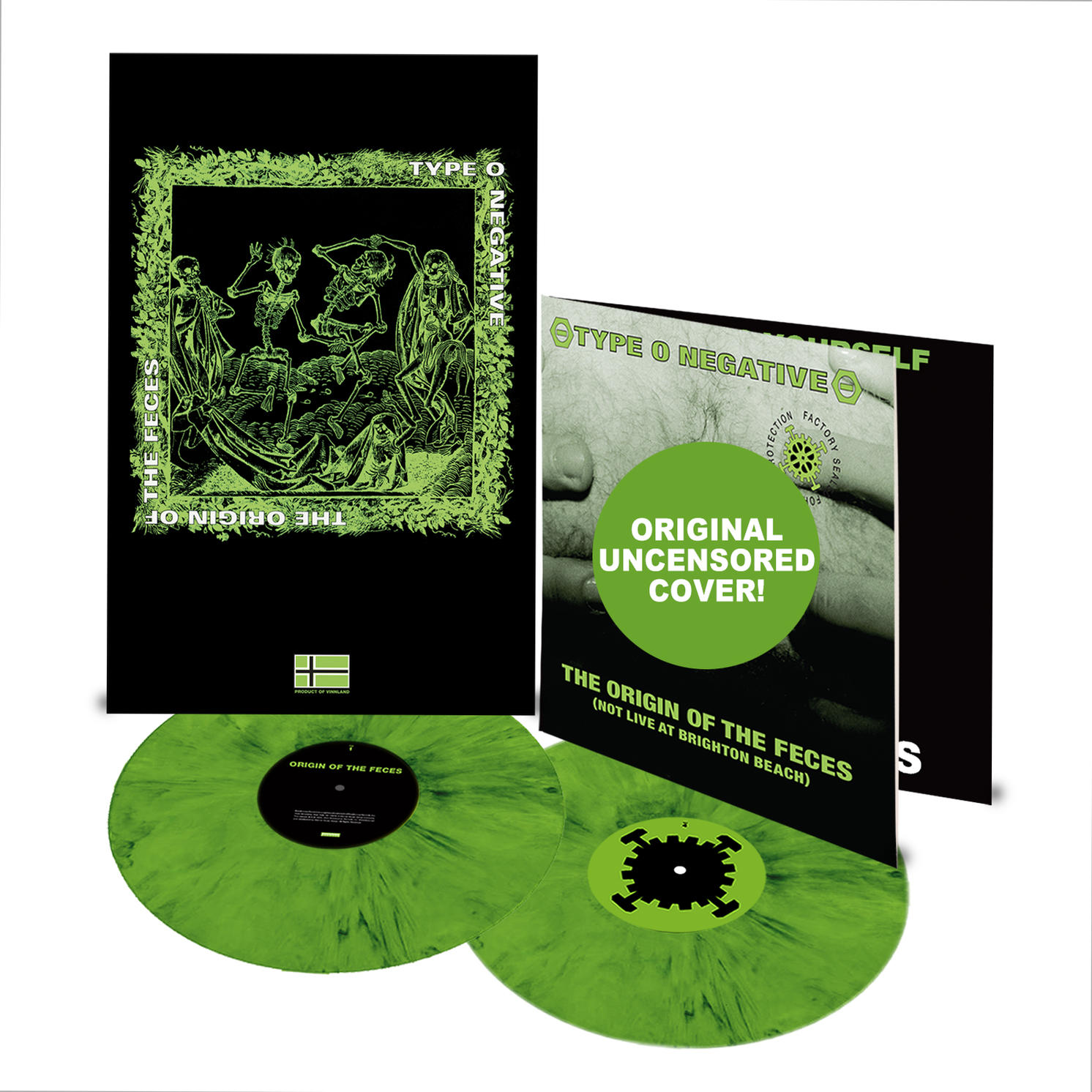 Albumcover mit grünem und schwarzem Design, mit Skeletten und dem Bandlogo.