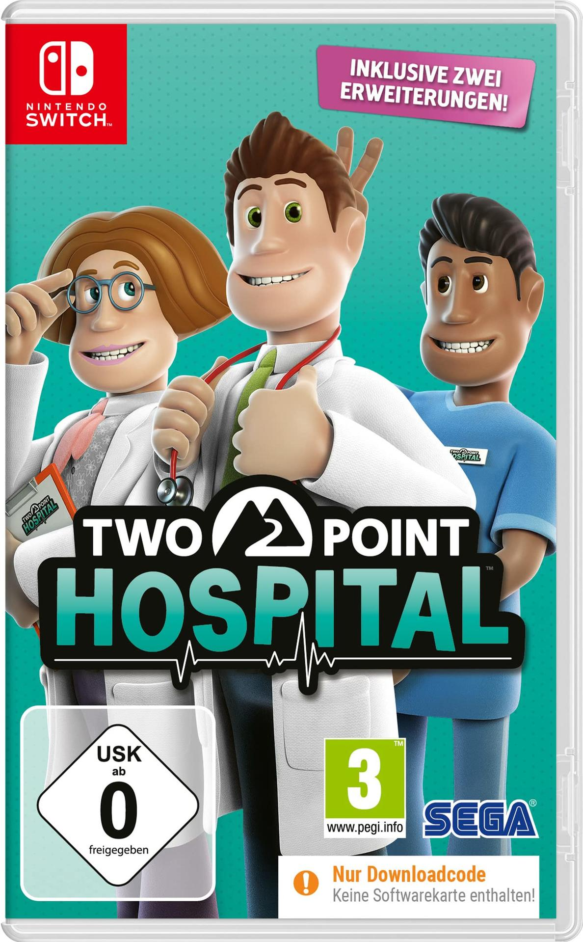 Nintendo Switch-Spielbox: 'Two Point Hospital' mit Cartoon-Ärzten und einer Krankenschwester. Weißes Gehäuse.