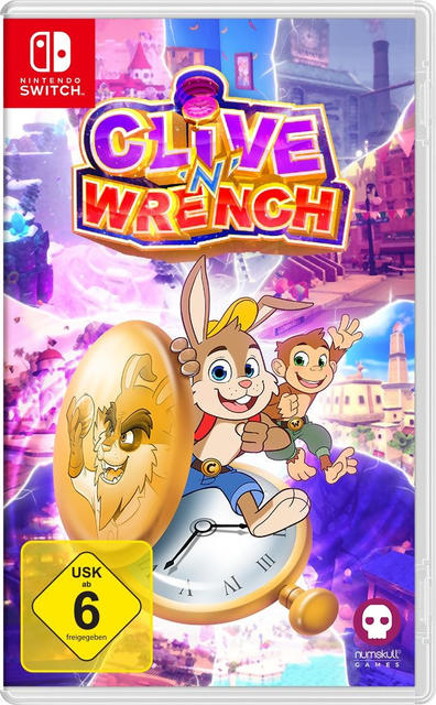 Spiel-Cover: Cartoon-Kaninchen und Affe mit Uhr, bunter Hintergrund.