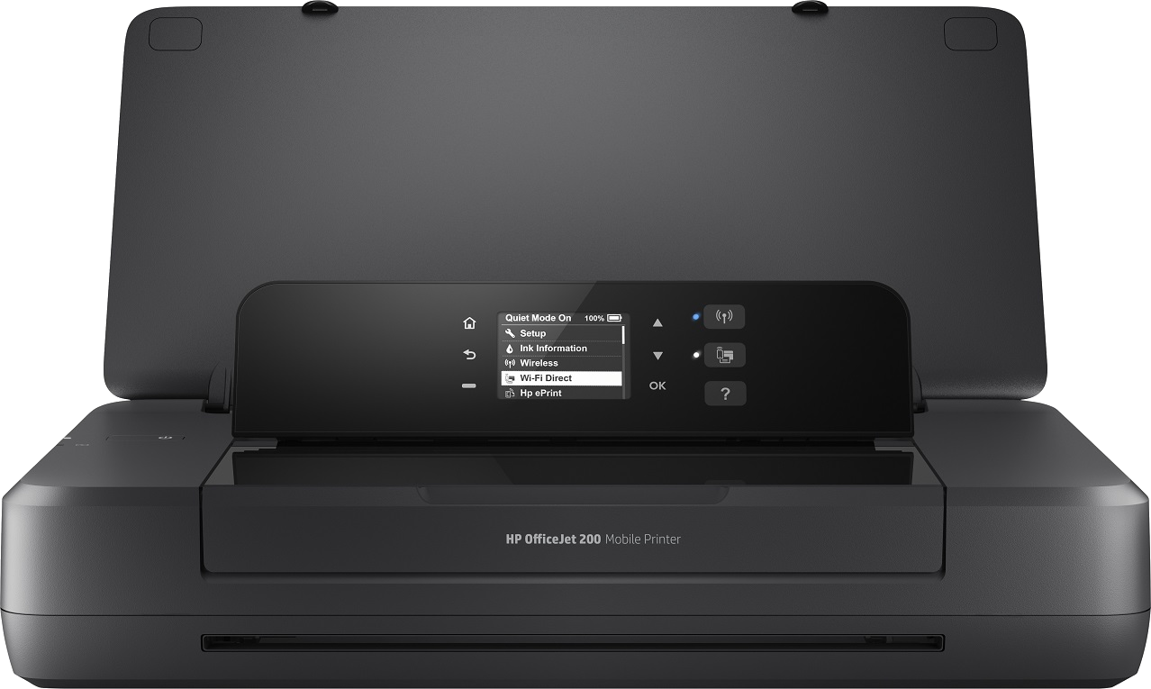 Siyah bir HP OfficeJet 200 mobil yazıcı, kontrol paneli görünür şekilde açık.