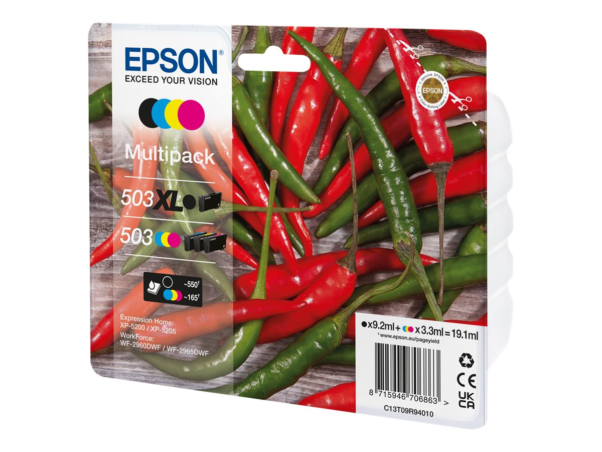 Tintenpatronenverpackung mit Paprika im Hintergrund. Enthält Text und Farben.