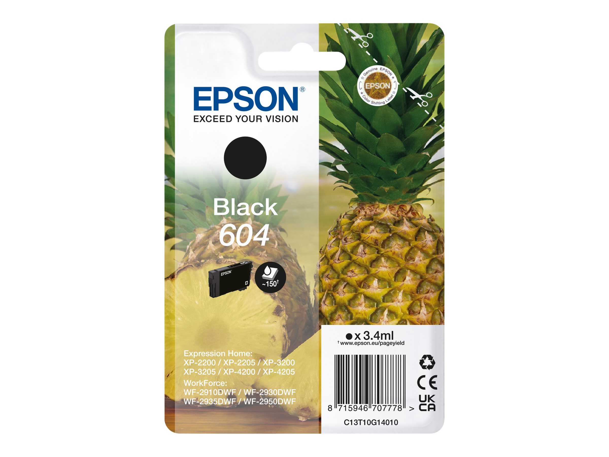 Epson Tintenpatrone. Schwarze Tintenpatrone in grüner Verpackung. Ananas Hintergrund. Text sichtbar.