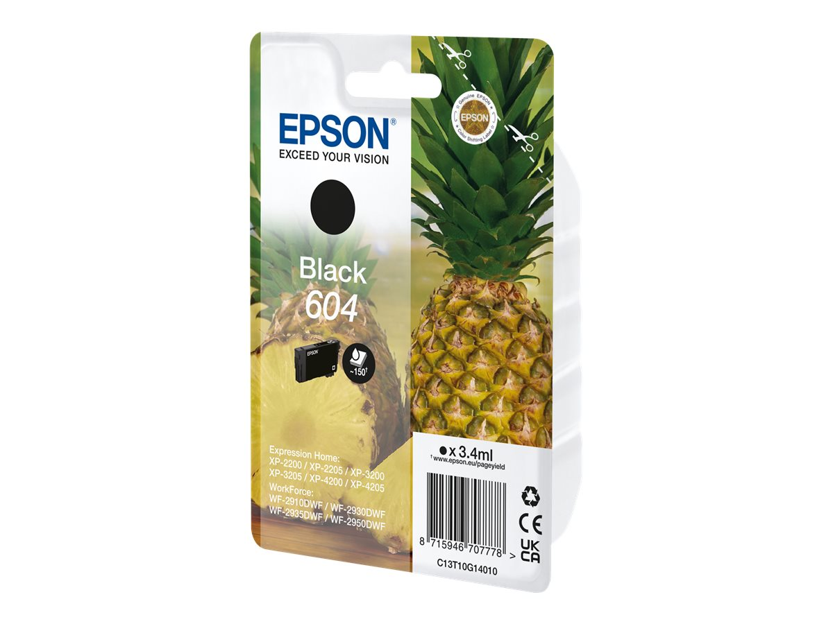 Epson schwarze Tintenpatrone mit Ananasbild, auf weißem Hintergrund.