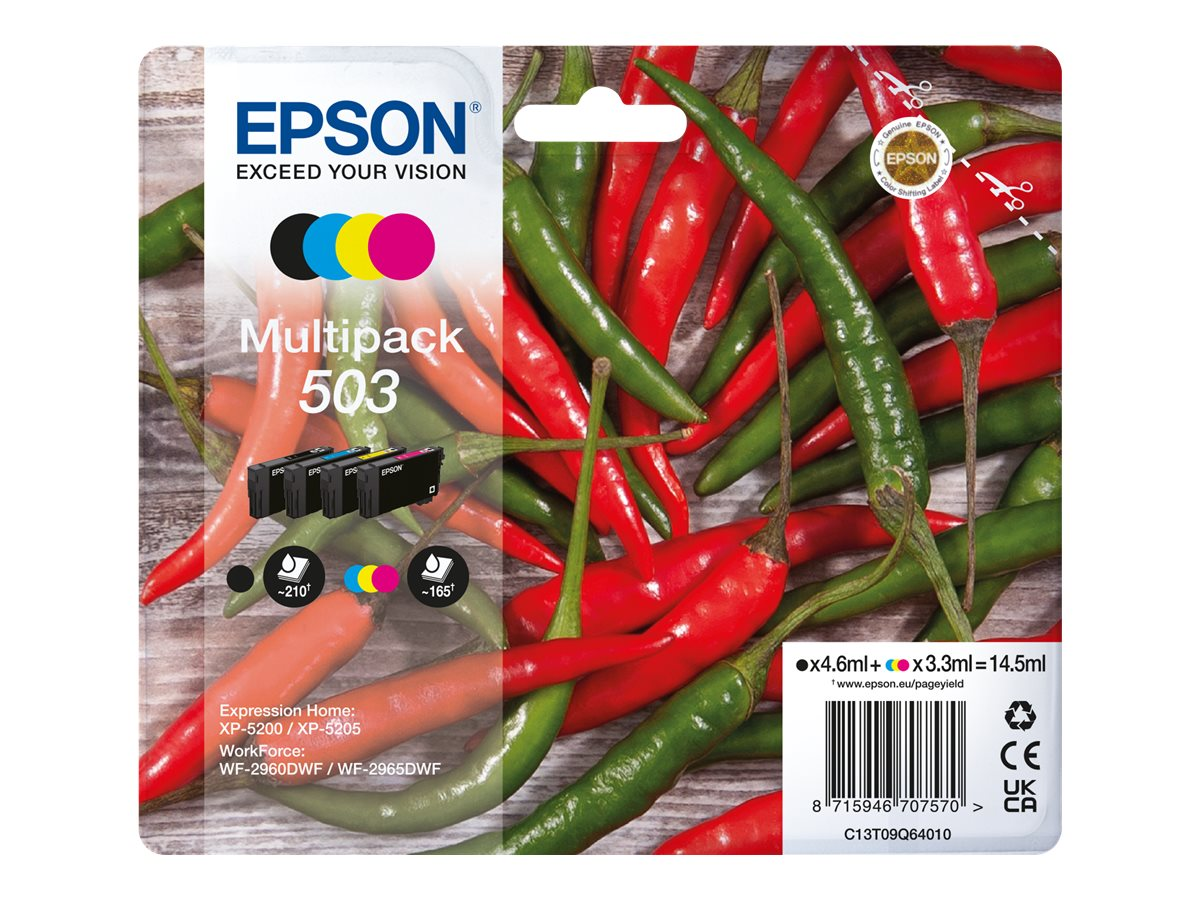 Eine Epson Tintenpatronenpackung mit roten und grünen Chilischoten im Hintergrund.