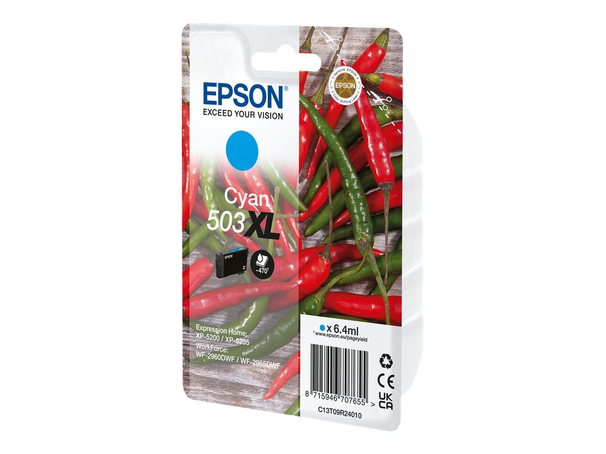 Epson Cyan 503XL Tintenpatrone mit rotem und grünem Chili-Hintergrund.