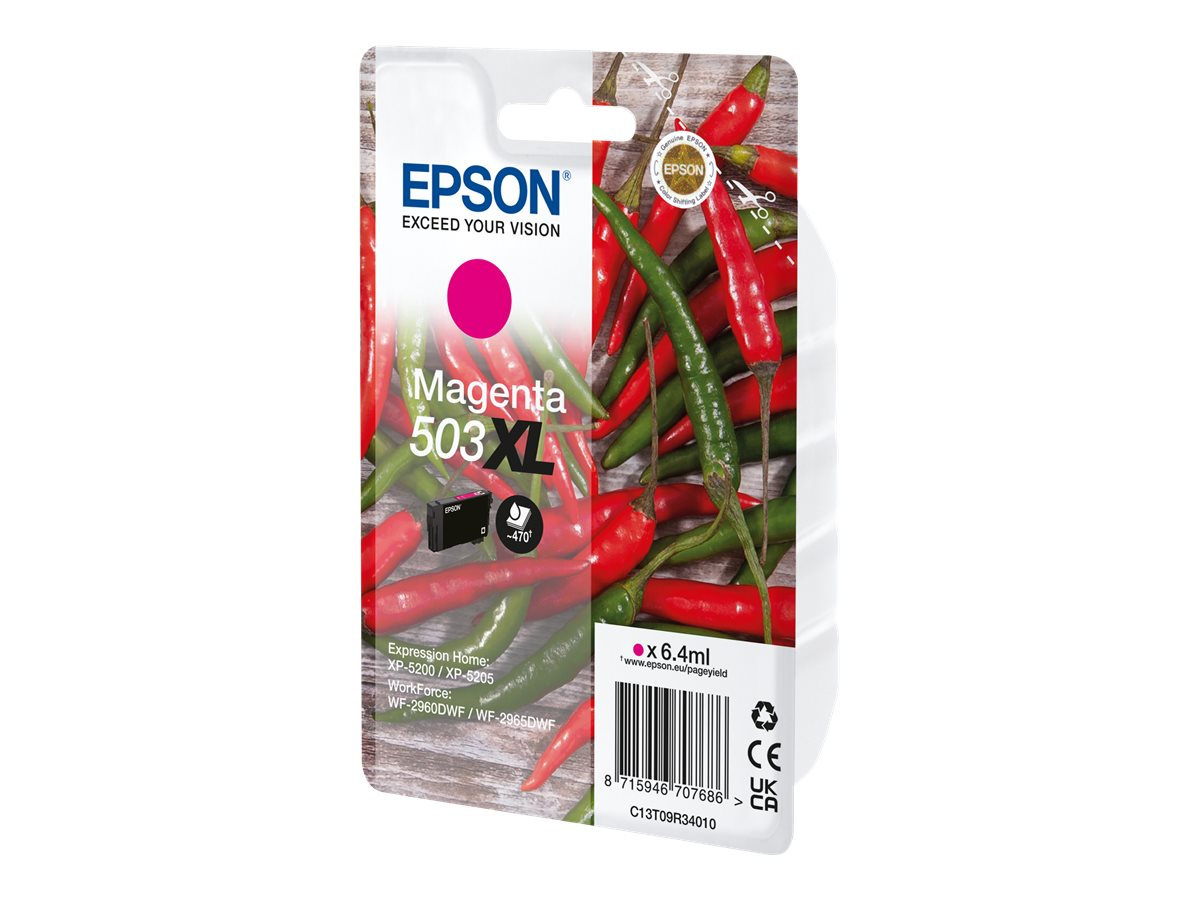 Epson Tintenpatronenverpackung mit Chilischoten im Hintergrund.